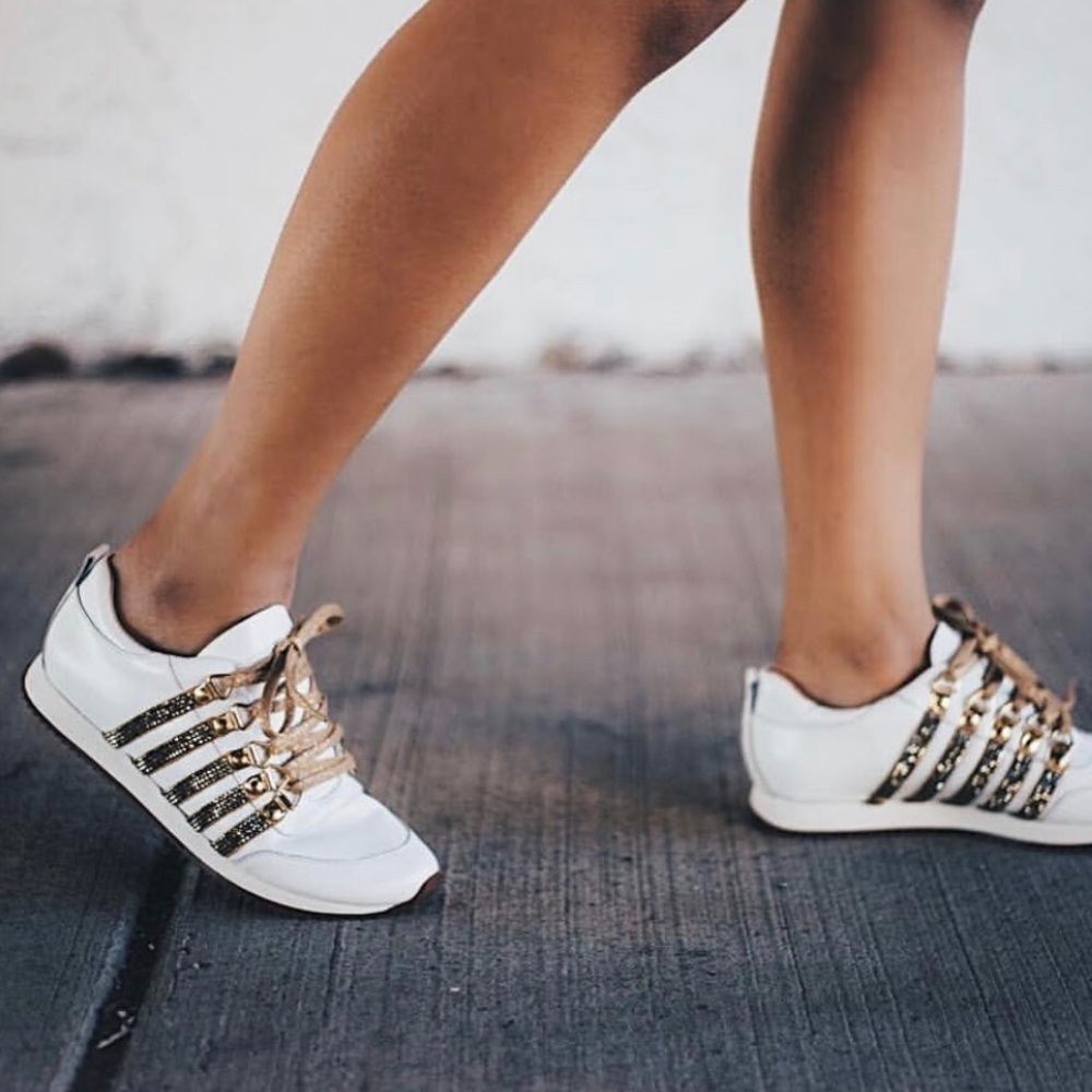 New White Sneakers with Gold Embellishment